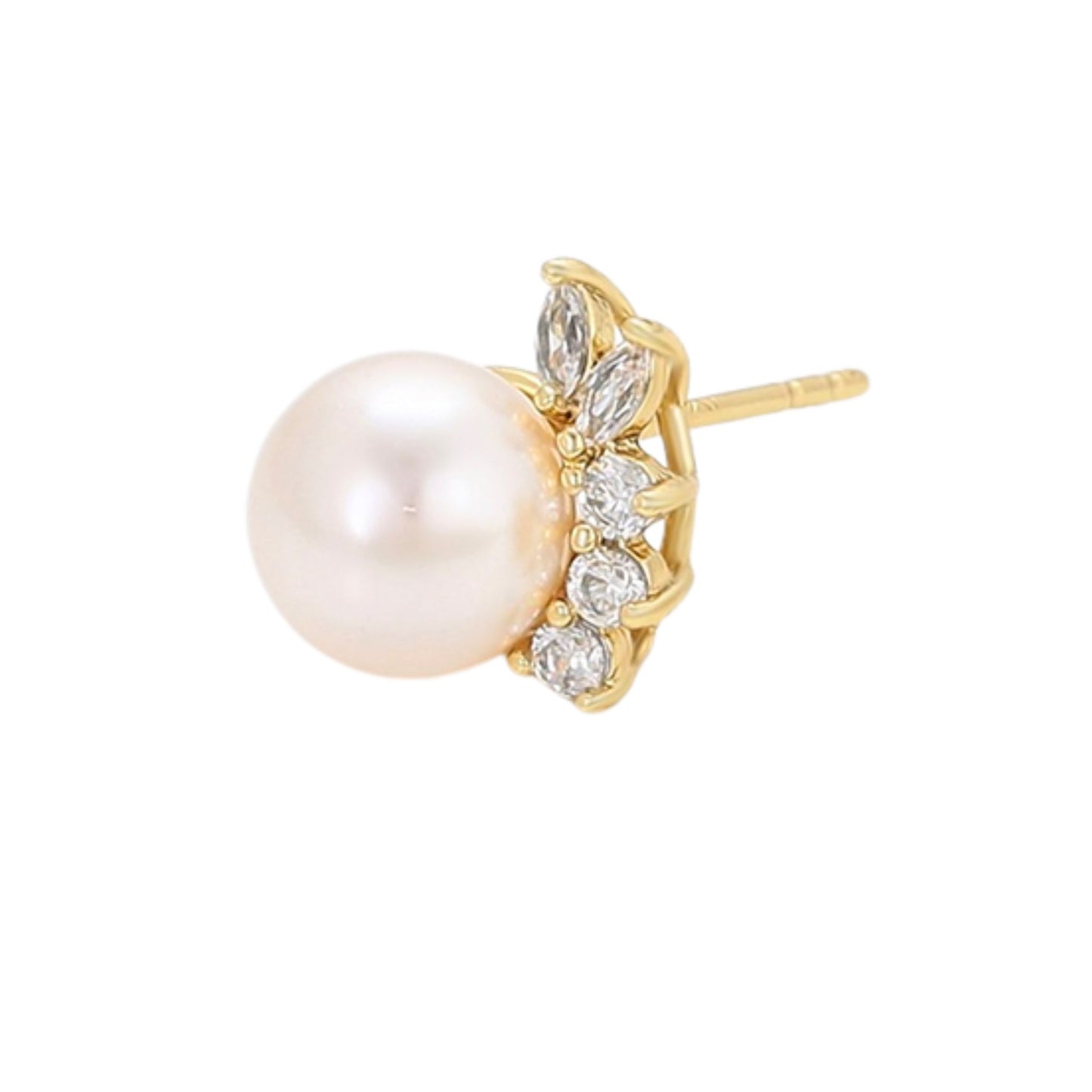 Close up of a gold-plated stud earring from Jewellery 4 Elegance featuring a lustrous central pearl accented by a sparkling curved cluster of round and marquise-cut cubic zirconia gemstones, displayed on a clean white background.