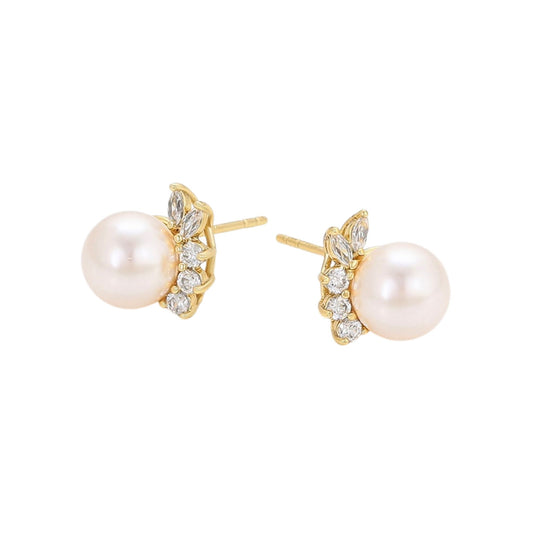 Pair of elegant gold-plated stud earrings from Jewellery 4 Elegance featuring a lustrous central pearl accented by a sparkling curved cluster of round and marquise-cut cubic zirconia gemstones, displayed on a clean white background.