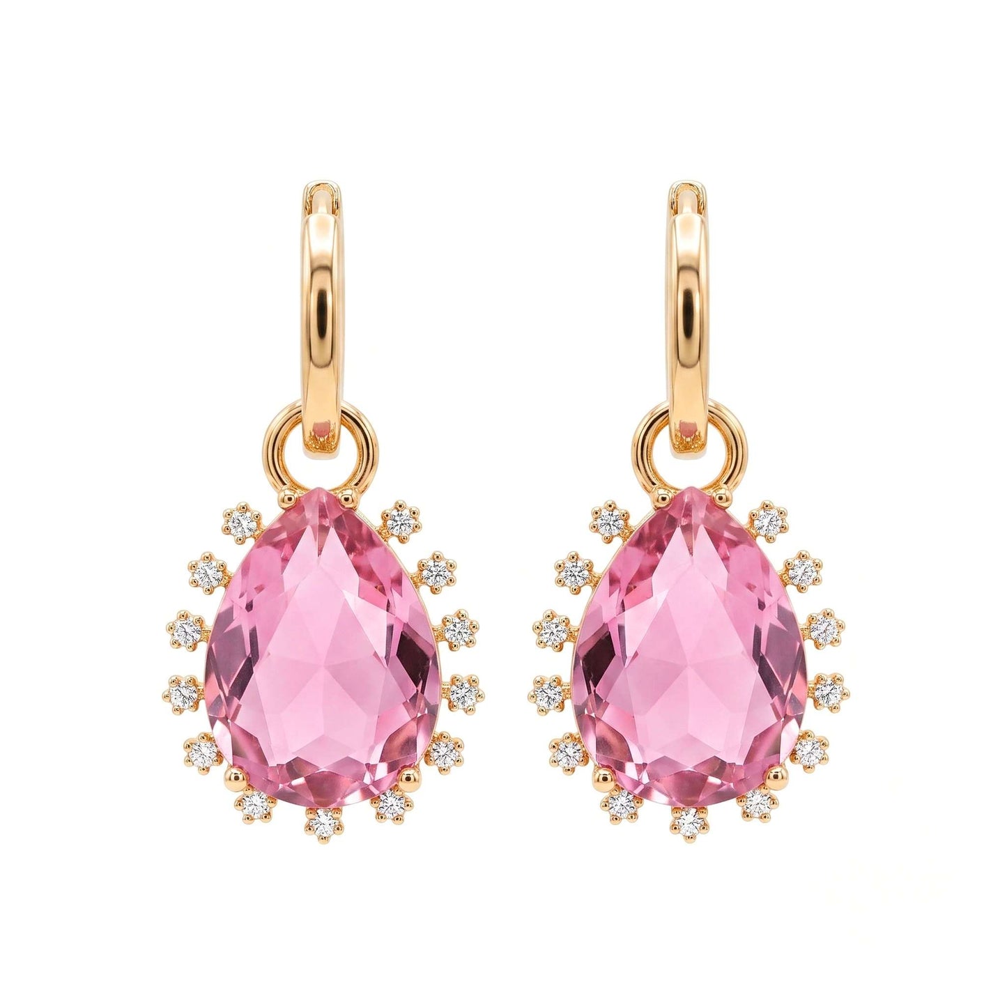 Gold plated hinged hoop drop earrings featuring faceted pink pear-cut stones surrounded by a delicate cubic zirconia halo with a polished gold finish from the Jewellery 4 Elegance collection