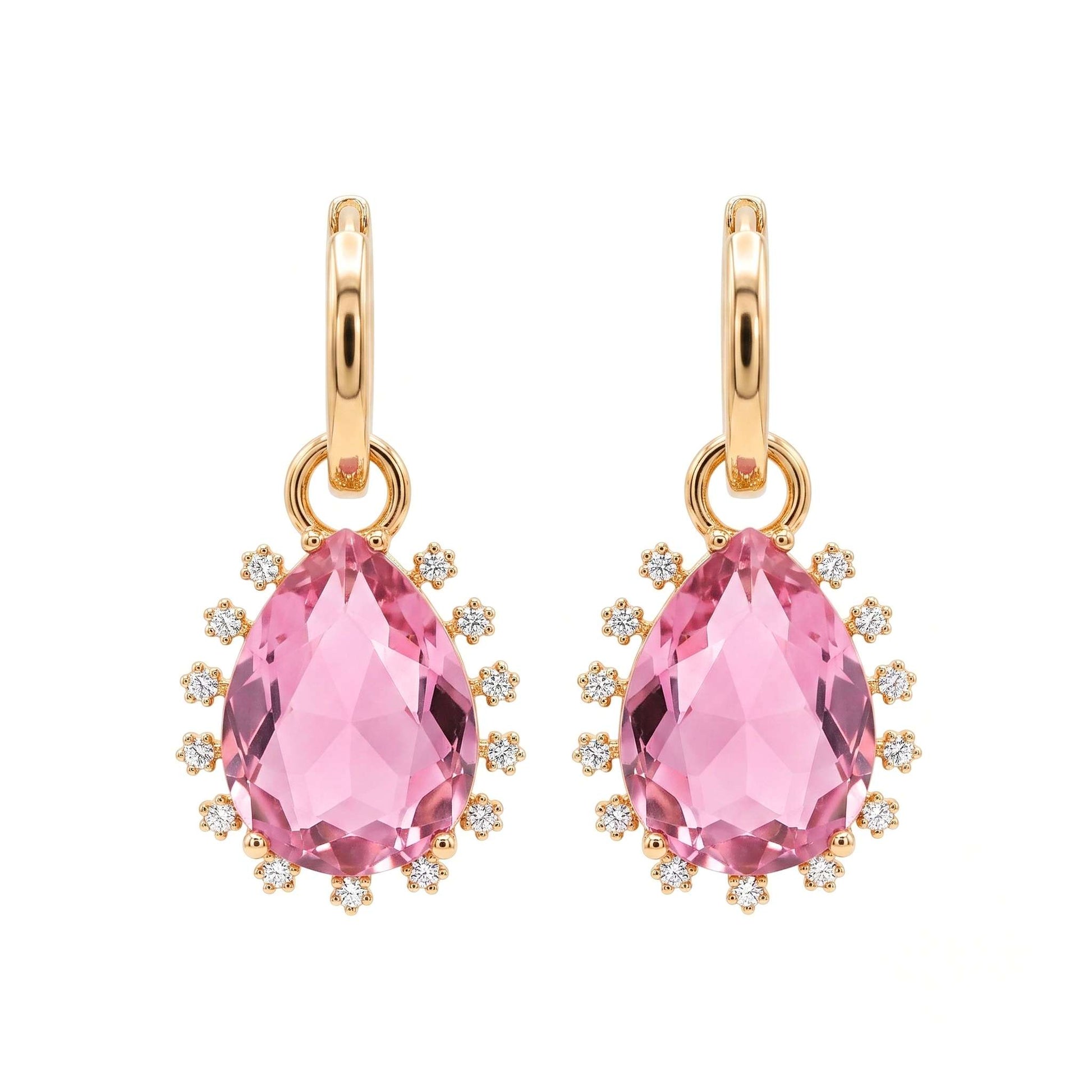 Gold plated hinged hoop drop earrings featuring faceted pink pear-cut stones surrounded by a delicate cubic zirconia halo with a polished gold finish from the Jewellery 4 Elegance collection
