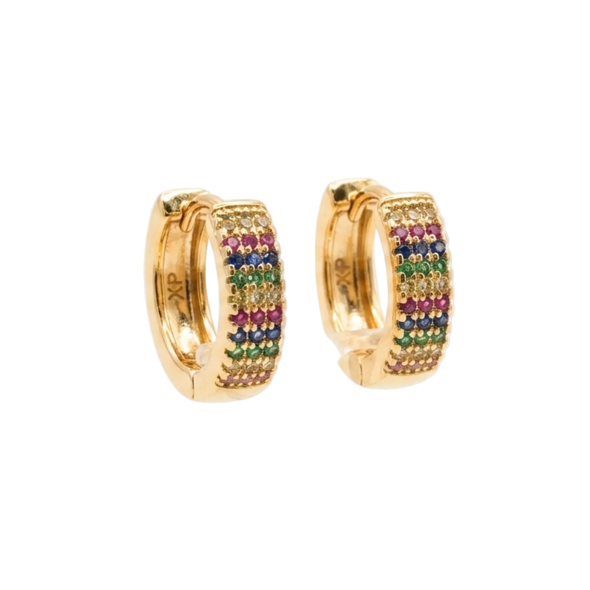 Gold plated huggie hoop earrings featuring rows of multicoloured pavé-set cubic zirconia stones in an elegant rainbow design with secure hinged fastening.