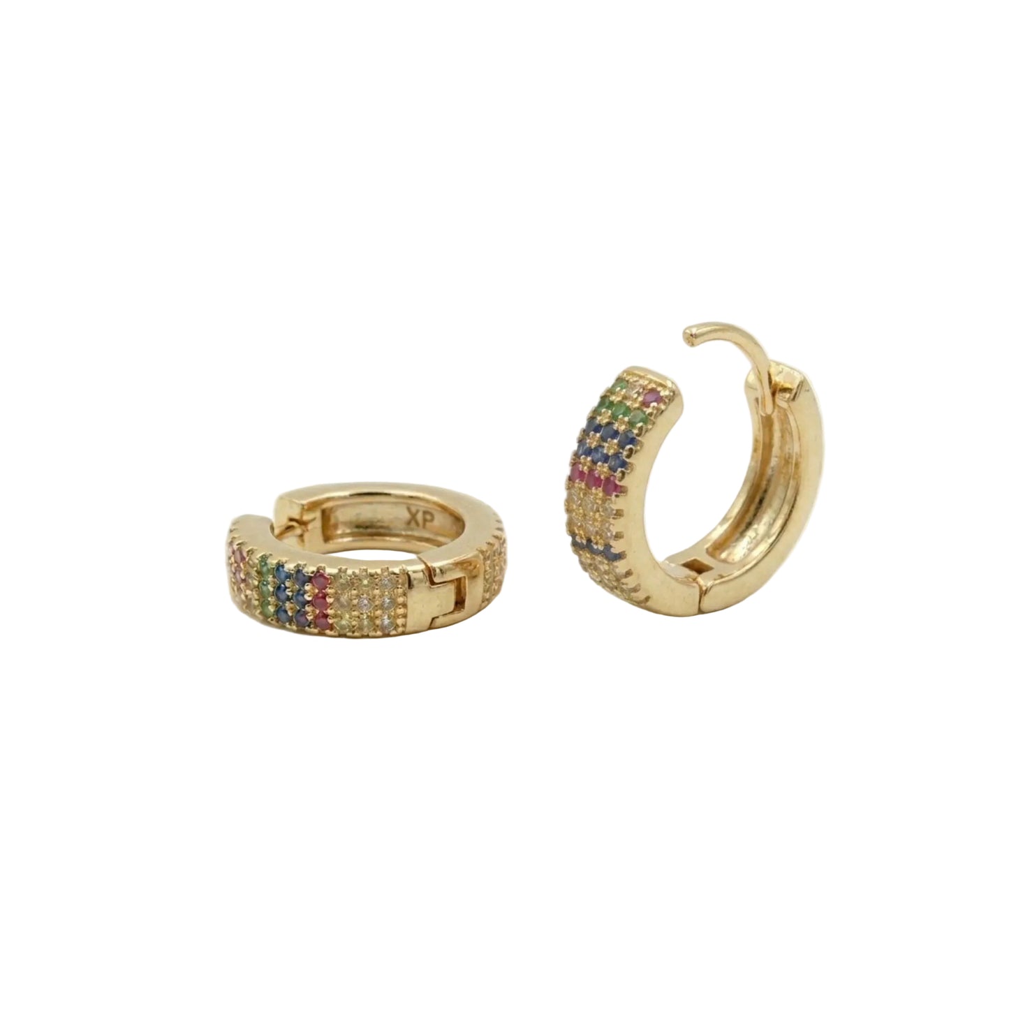 Gold plated huggie hoop earrings featuring rows of multicoloured pavé-set cubic zirconia stones in an elegant rainbow design on a white background