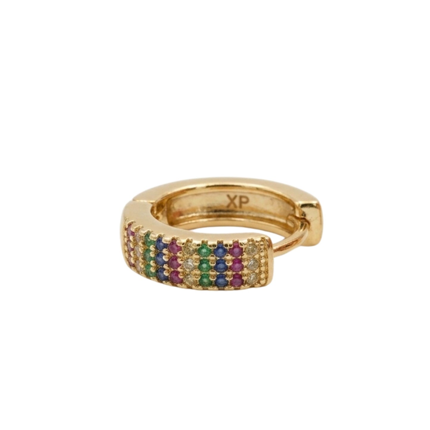 Gold plated mall hoop earring featuring rows of multicoloured pavé-set cubic zirconia stones in an elegant rainbow design on a white background
