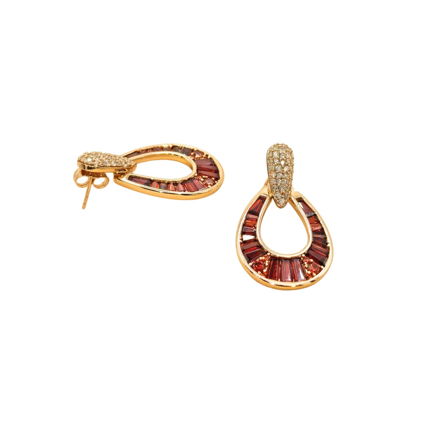 Gold plated horseshoe drop earring featuring garnet red baguette-cut stones with pavé cubic zirconia for an elegant contemporary look from the jewellery 4 Elegance collection.