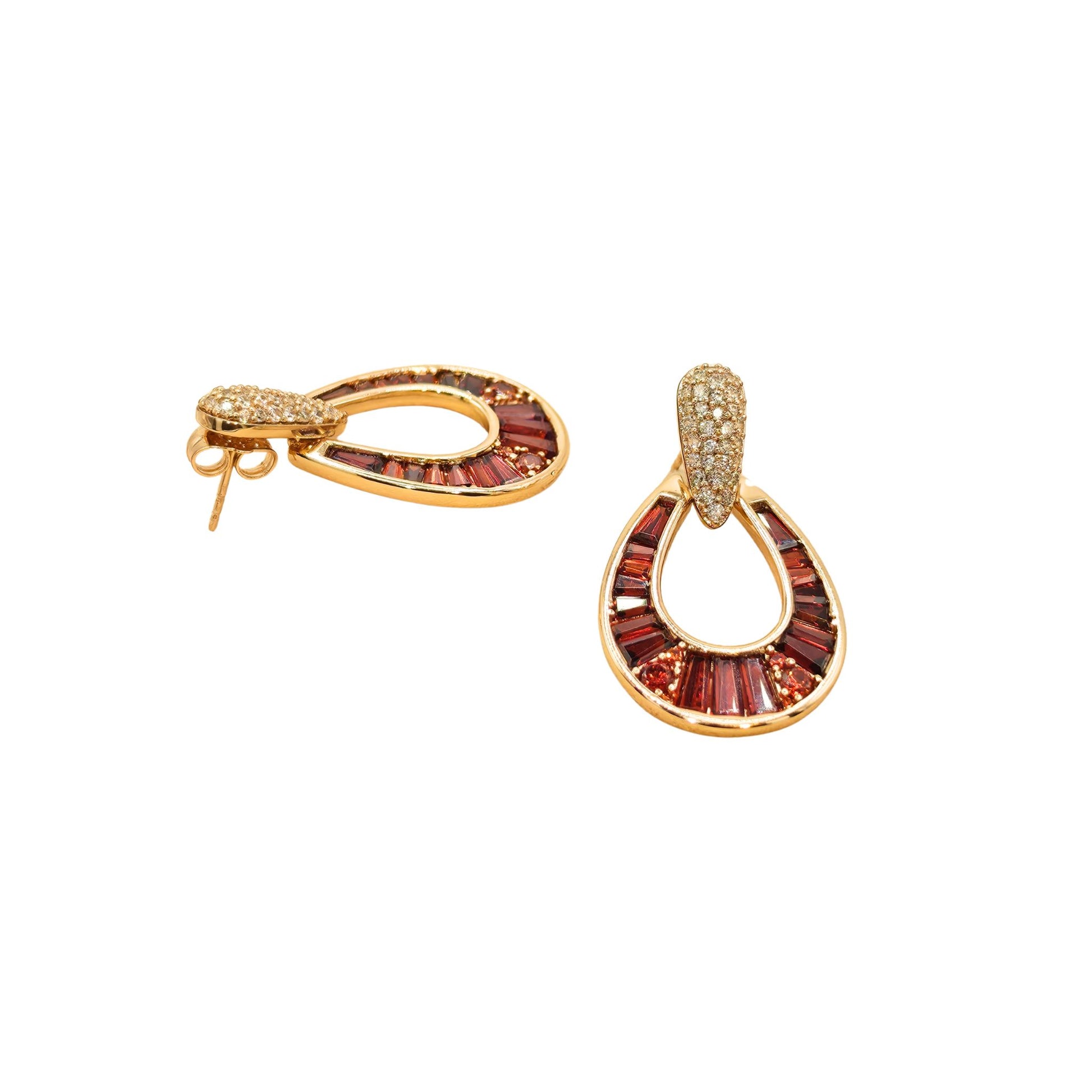 Gold plated horseshoe drop earring featuring garnet red baguette-cut stones with pavé cubic zirconia for an elegant contemporary look from the jewellery 4 Elegance collection.