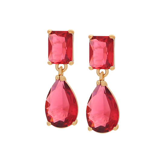 Gold plated drop earrings with rectangular ruby-red studs and pear-shaped red stone pendants from the Jewellery 4 Elegance collection