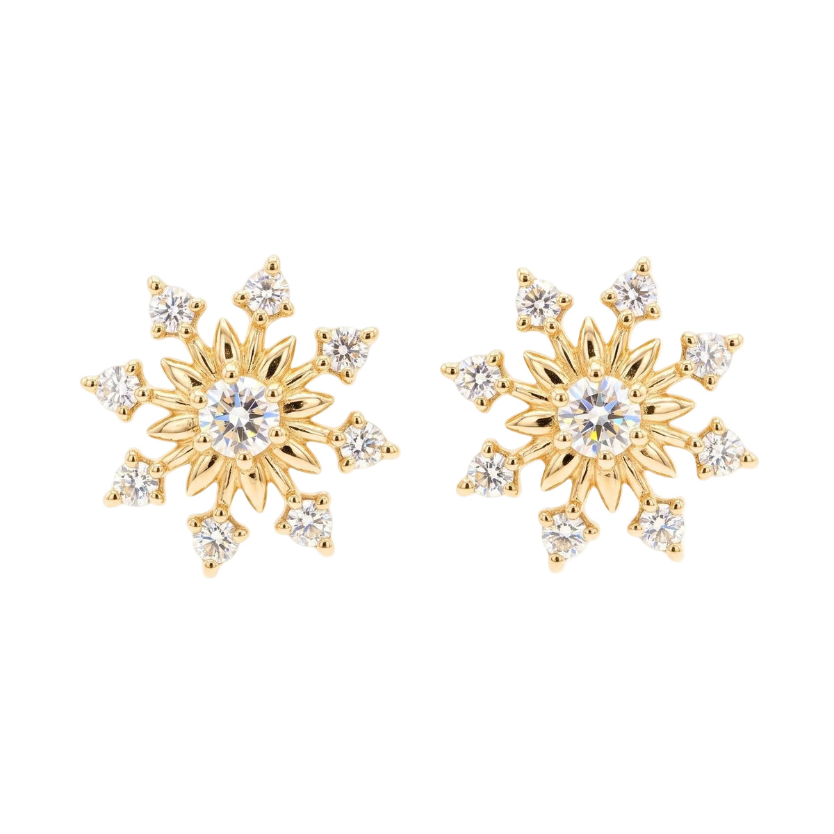 A pair of gold snowflake stud earrings with clear round-cut centre stones and smaller surrounding stones from the Jewellery 4 Elegance collection, shown on a plain white background.