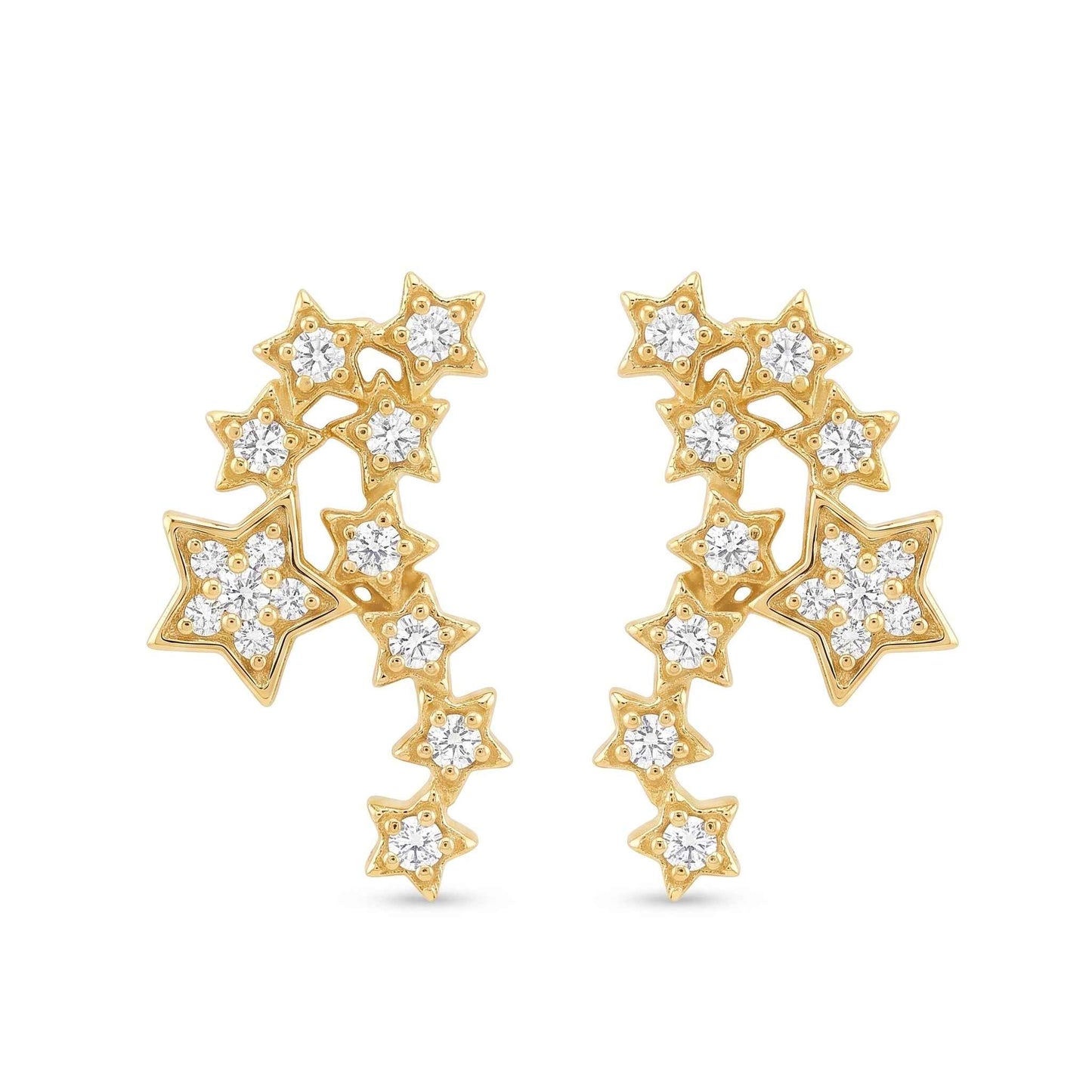 A pair of quality gold plated stud ear climber earrings in a fun constellation star cluster design embedded with glittering cubic zirconia from the Jewellery 4 Elegance collection set against a clean white background