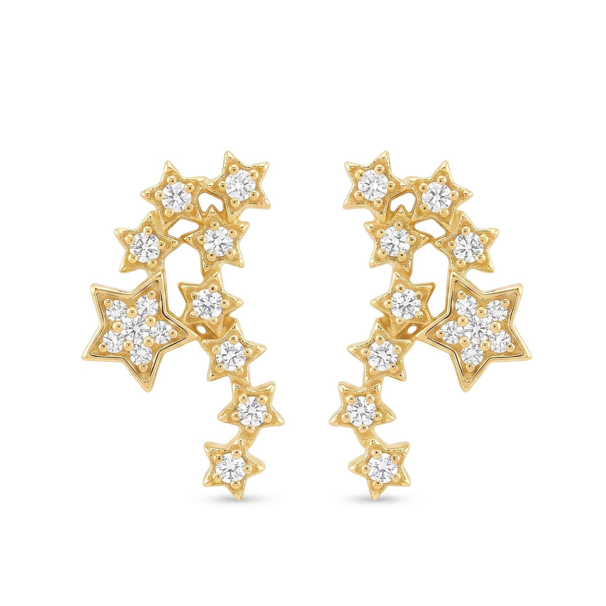 A pair of quality gold plated stud ear climber earrings in a fun constellation star cluster design embedded with glittering cubic zirconia from the Jewellery 4 Elegance collection set against a clean white background