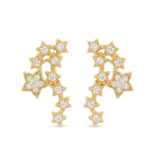 A pair of quality gold plated stud ear climber earrings in a fun constellation star cluster design embedded with glittering cubic zirconia from the Jewellery 4 Elegance collection set against a clean white background