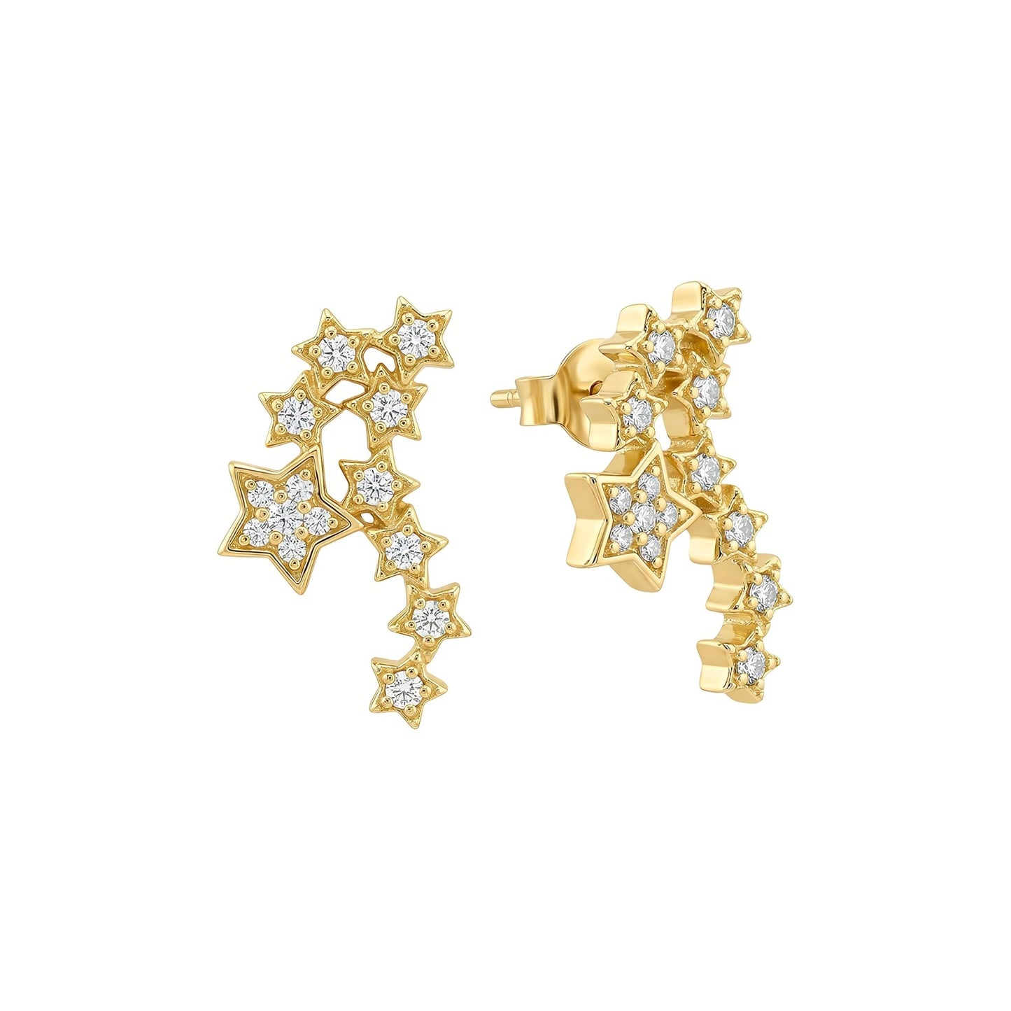 A pair of quality gold plated stud ear climber earrings in a constellation star cluster design embedded with glittering cubic zirconia from the Jewellery 4 Elegance collection set against a clean white background