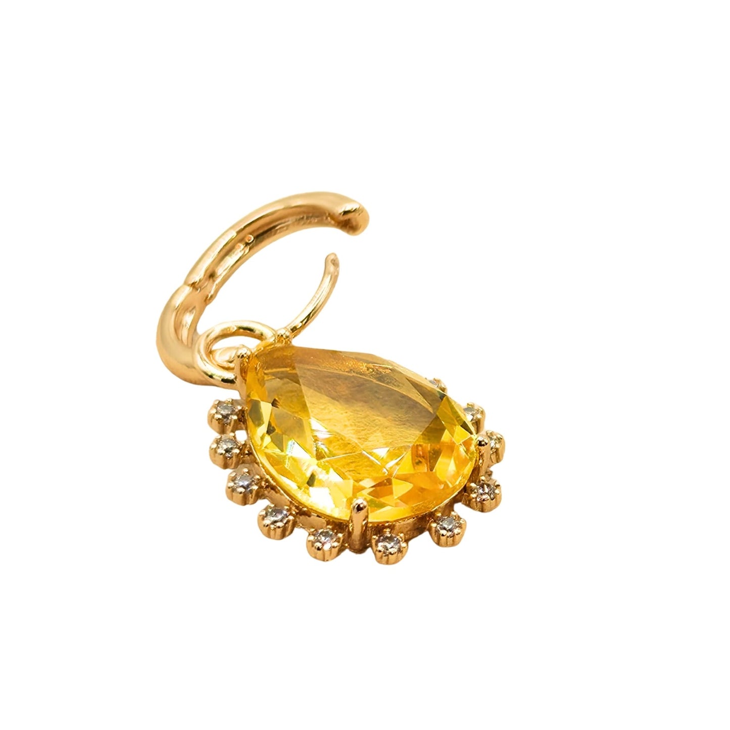 A gold hoop earring featuring a large teardrop-shaped yellow gemstone surrounded by a halo of small clear stones, shown on a plain white background. From the jewellery 4 Elegance collection.