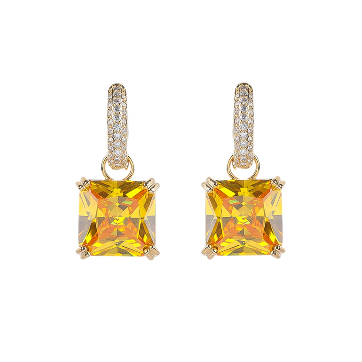 Gold plated yellow topaz hoop drop earrings with square-cut yellow gemstones and clear stone embellished hoops from the Jewellery 4 Elegance collection set against a white background.