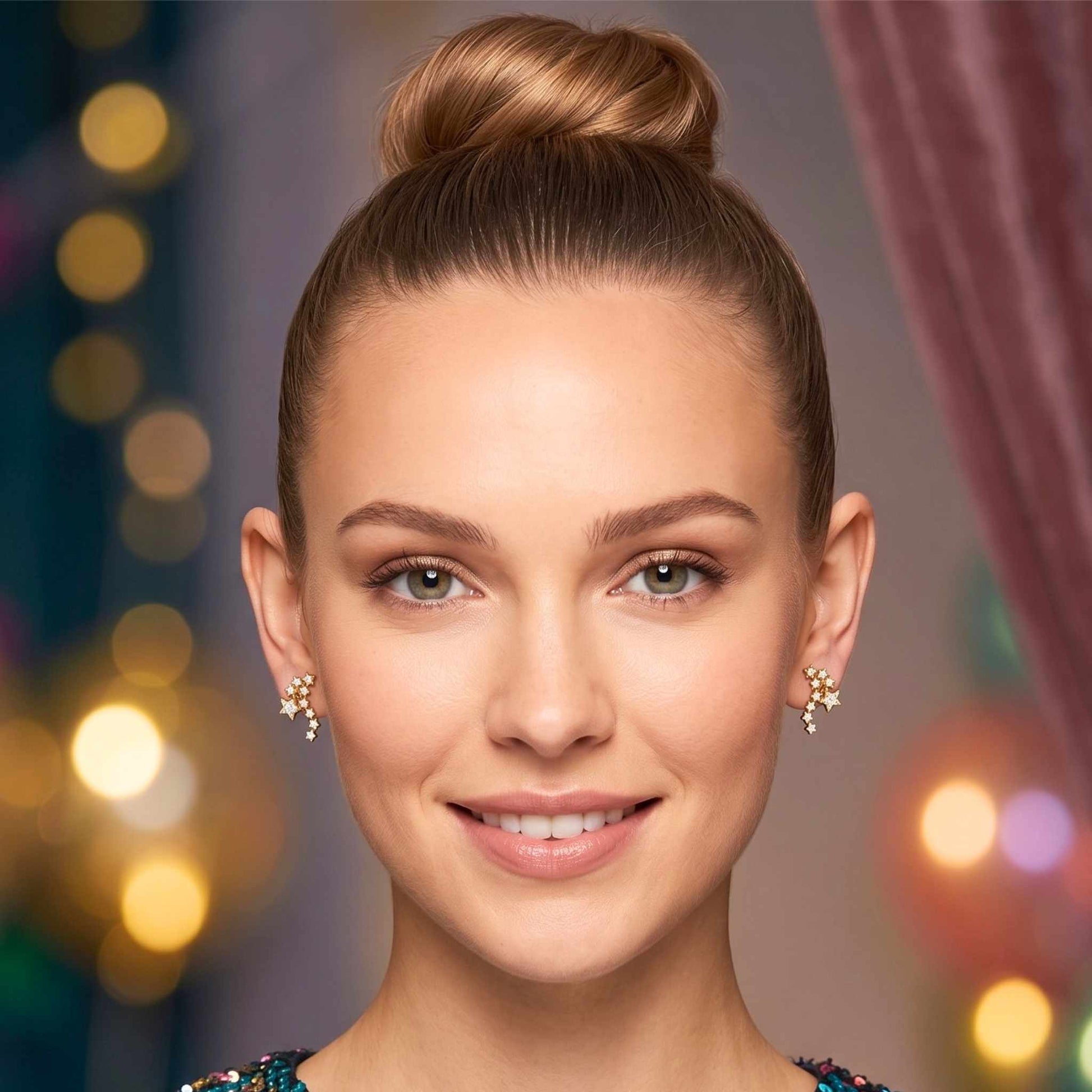 A close-up portrait of a woman with her hair in a high bun, wearing A pair of quality gold plated stud ear climber earrings in a fun constellation star cluster design embedded with glittering cubic zirconia from the Jewellery 4 Collection against a softly blurred background.  Digitally rendered model for scale