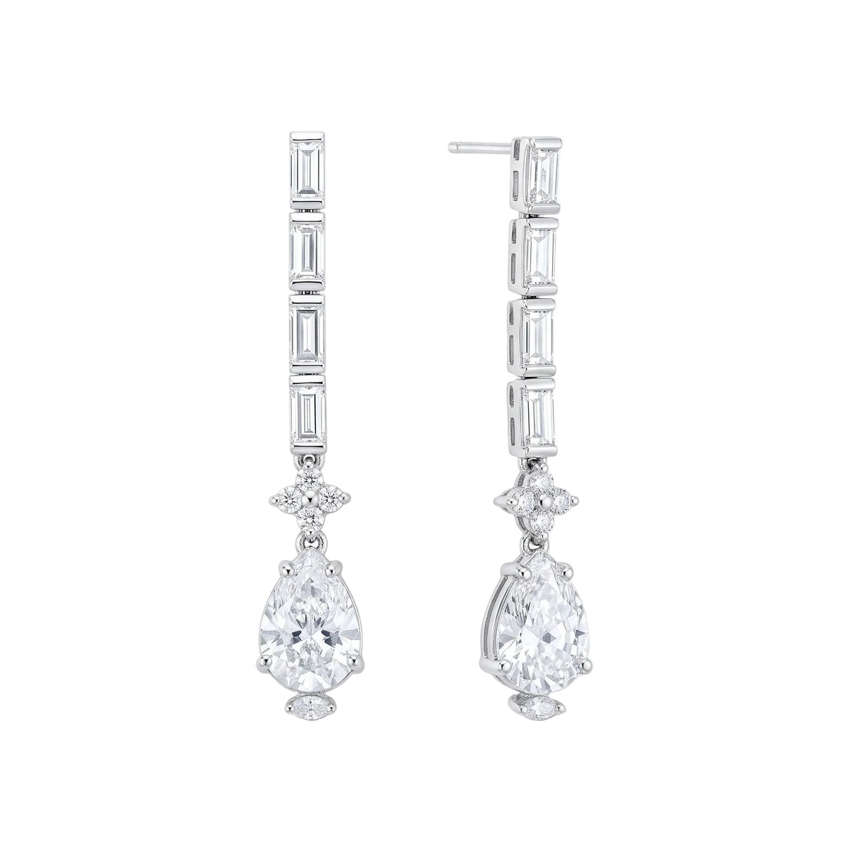 A pair of silver-toned drop earrings featuring baguette-cut and pear-cut clear gemstones from the Jewellery 4 Elegance collection, displayed against a solid white background.