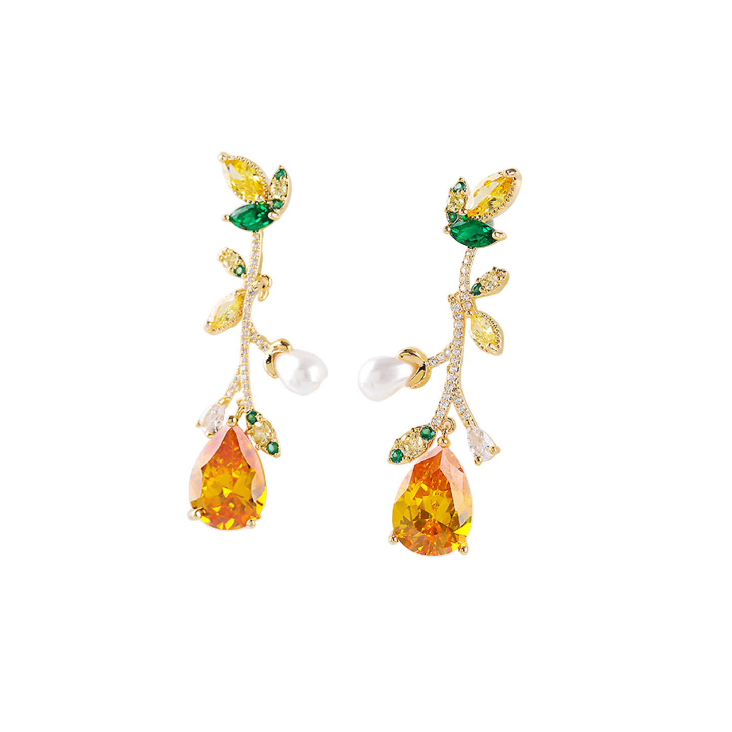 Gold earrings with orange teardrop-shaped stones and green gemstones and pearl on a white background