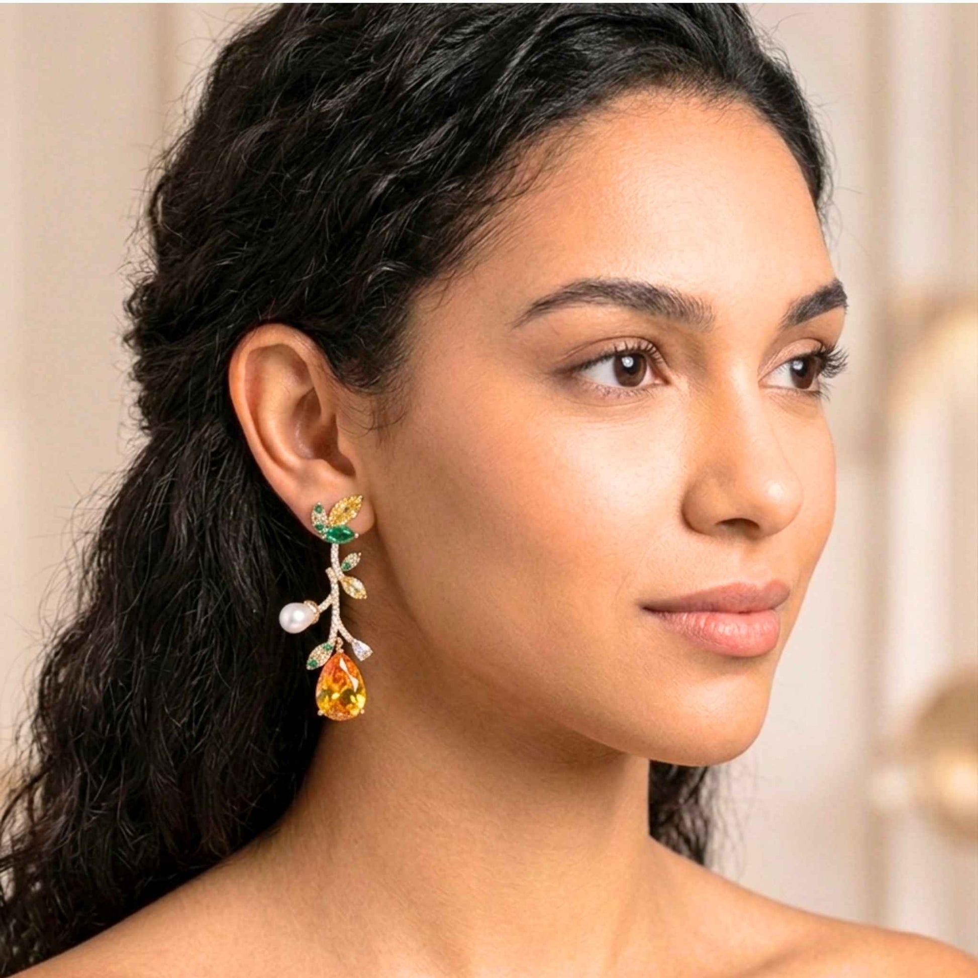 Woman wearing colourful earrings with a neutral background.  Digitally rendered model for scale.