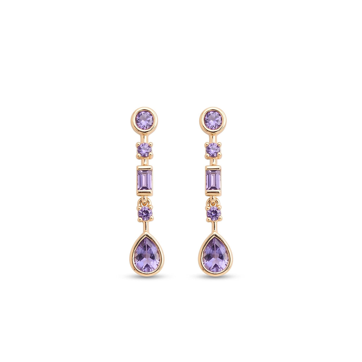 A pair of gold drop earrings featuring round, baguette, and pear-cut light purple gemstones from the Jewellery 4 Elegance collection, displayed on a clean white background.