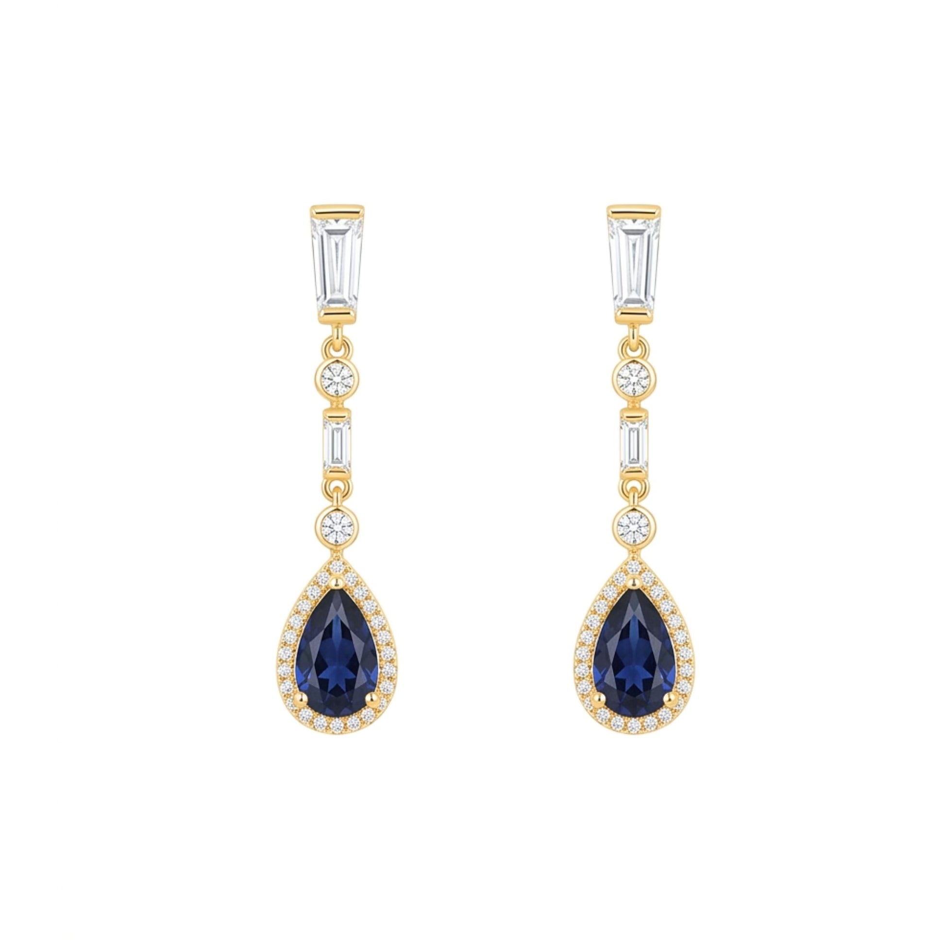 old plated drop earrings featuring pear-shaped sapphire blue cubic zirconia stones with pavé halo detailing and baguette-cut cubic zirconia accents.