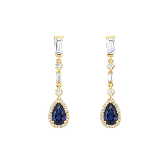 old plated drop earrings featuring pear-shaped sapphire blue cubic zirconia stones with pavé halo detailing and baguette-cut cubic zirconia accents.