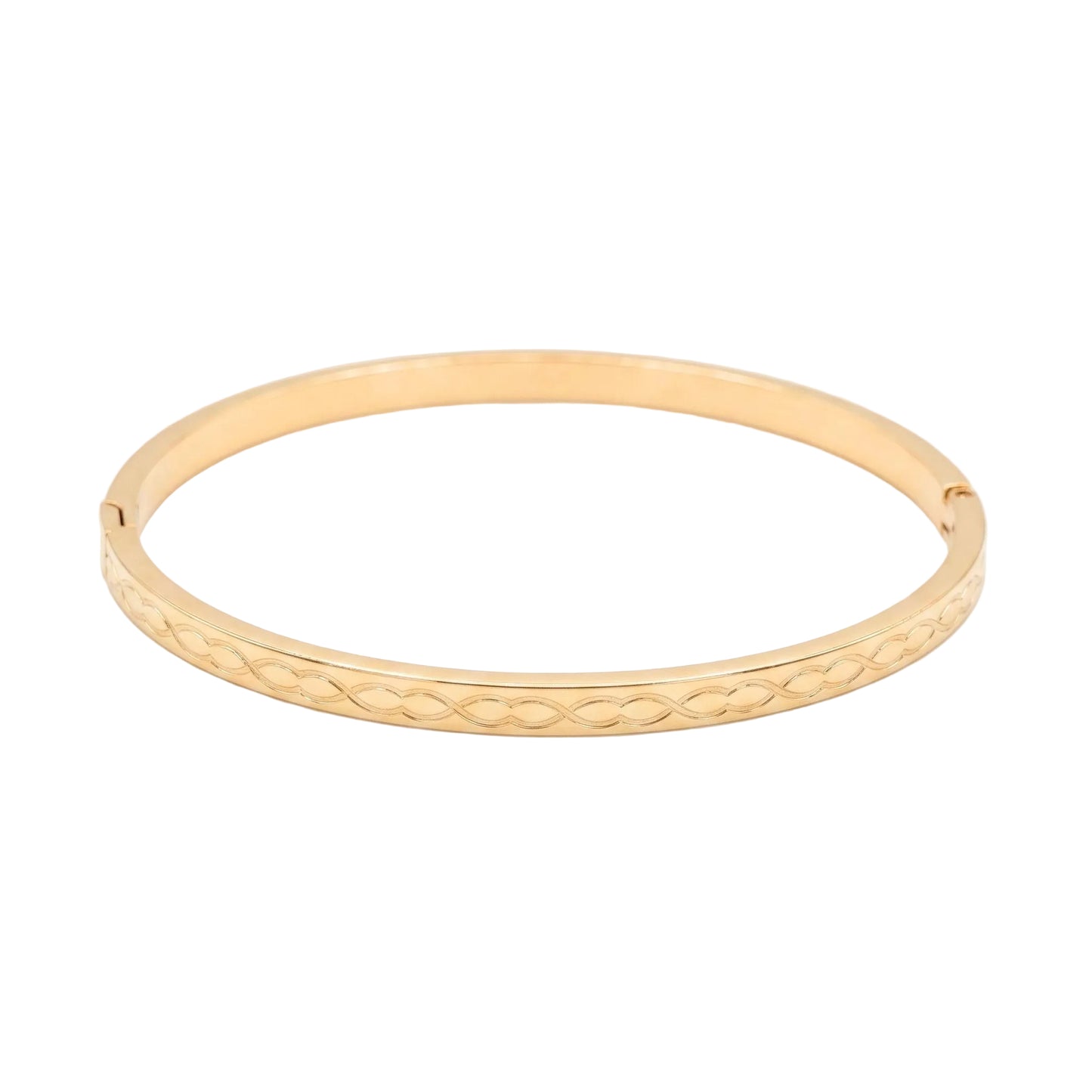 Gold infinity link engraved bangle bracelet with a discreet concealed box clasp from the Jewellery 4 Elegance collection.