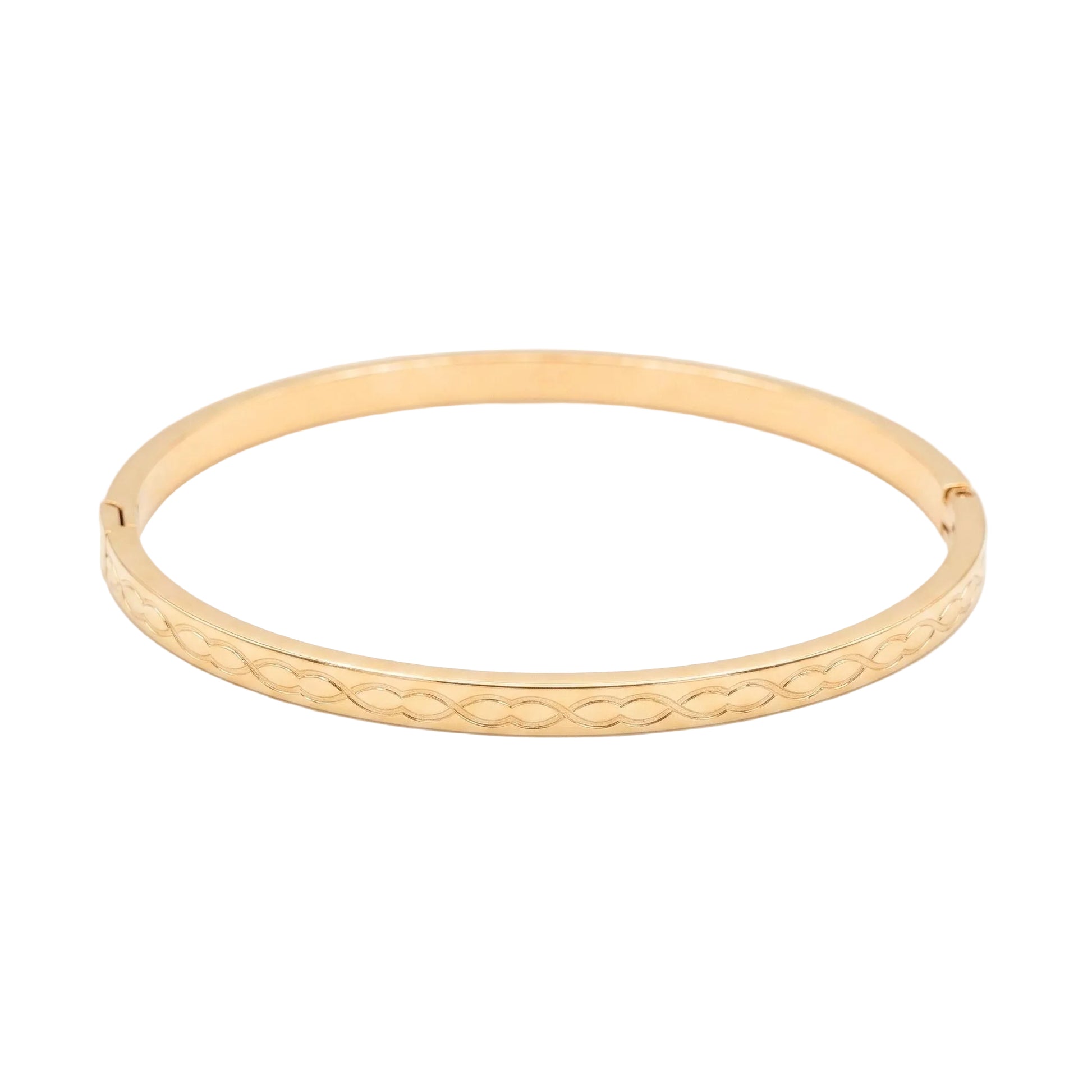 Gold infinity link engraved bangle bracelet with a discreet concealed box clasp from the Jewellery 4 Elegance collection.