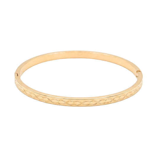 Gold infinity link engraved bangle bracelet with a discreet concealed box clasp from the Jewellery 4 Elegance collection.