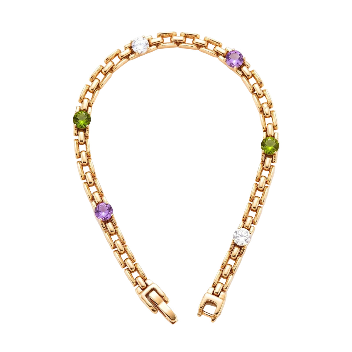A gold link bracelet featuring alternating round-cut lilac, green and clear gemstones from the Jewellery 4 Elegance collection, displayed on a clean white background.