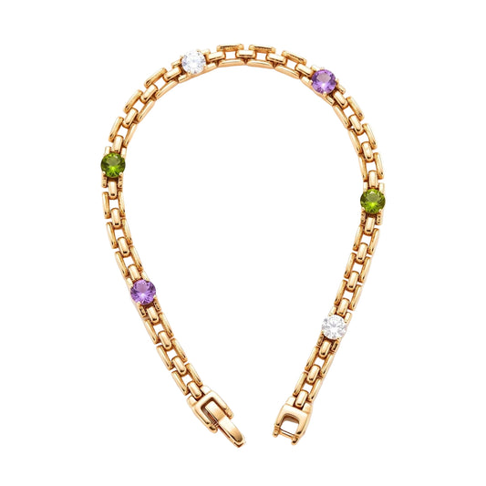 A gold link bracelet featuring alternating round-cut lilac, green and clear gemstones from the Jewellery 4 Elegance collection, displayed on a clean white background.