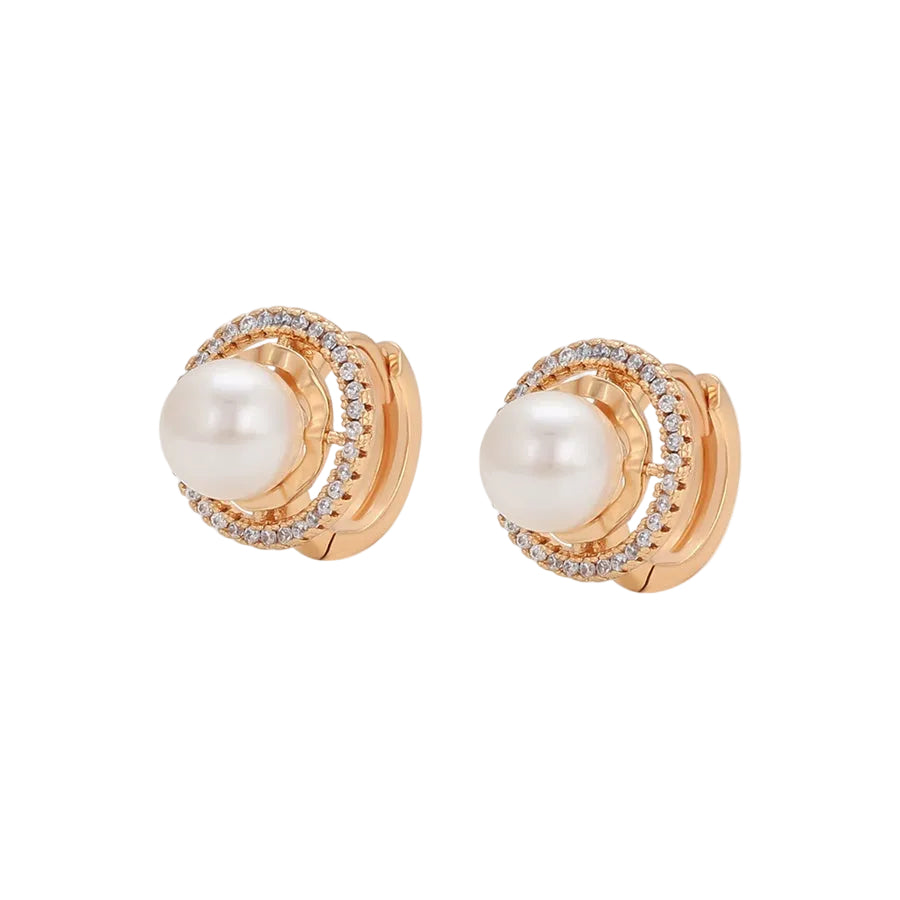 Pair of gold-plated hoop earrings featuring a central pearl surrounded by a halo of clear cubic zirconia