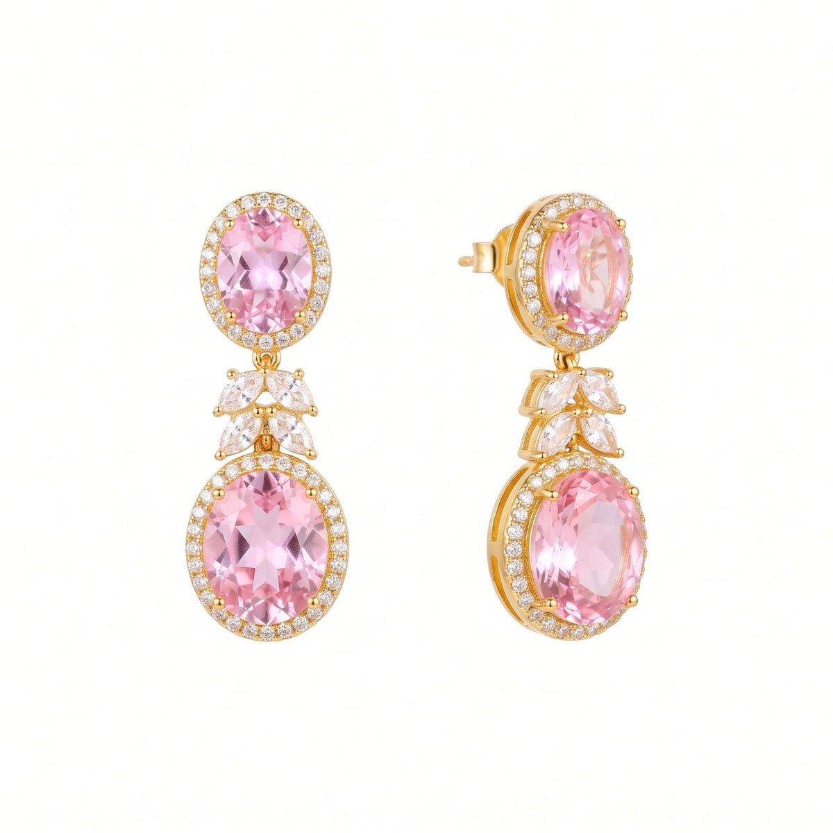 A pair of gold drop earrings featuring large oval pink gemstones surrounded by small clear stones, with smaller marquise-cut pink stones in the centre, shown on a plain white background.