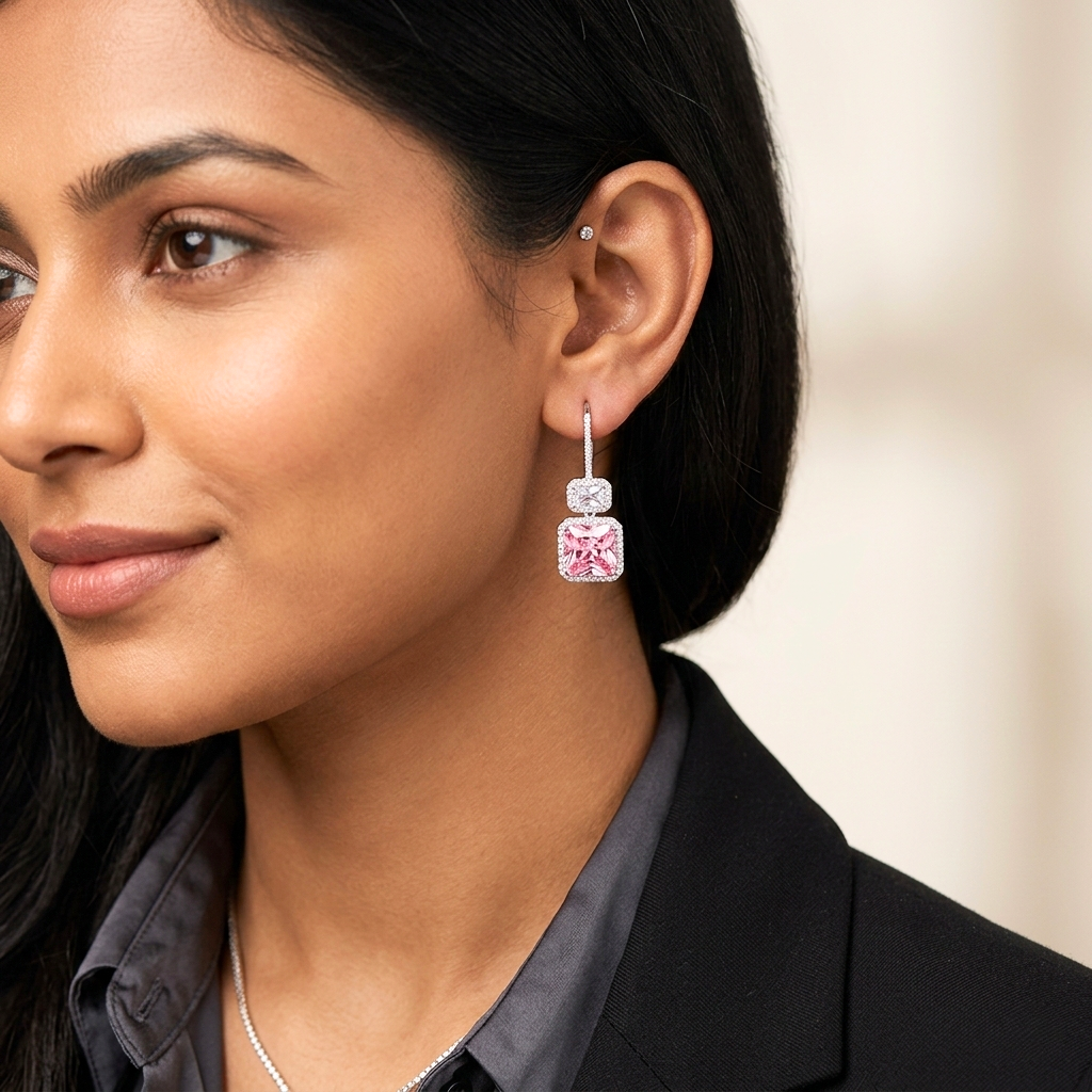 Close-up of a woman wearing pink square earrings with a neutral background