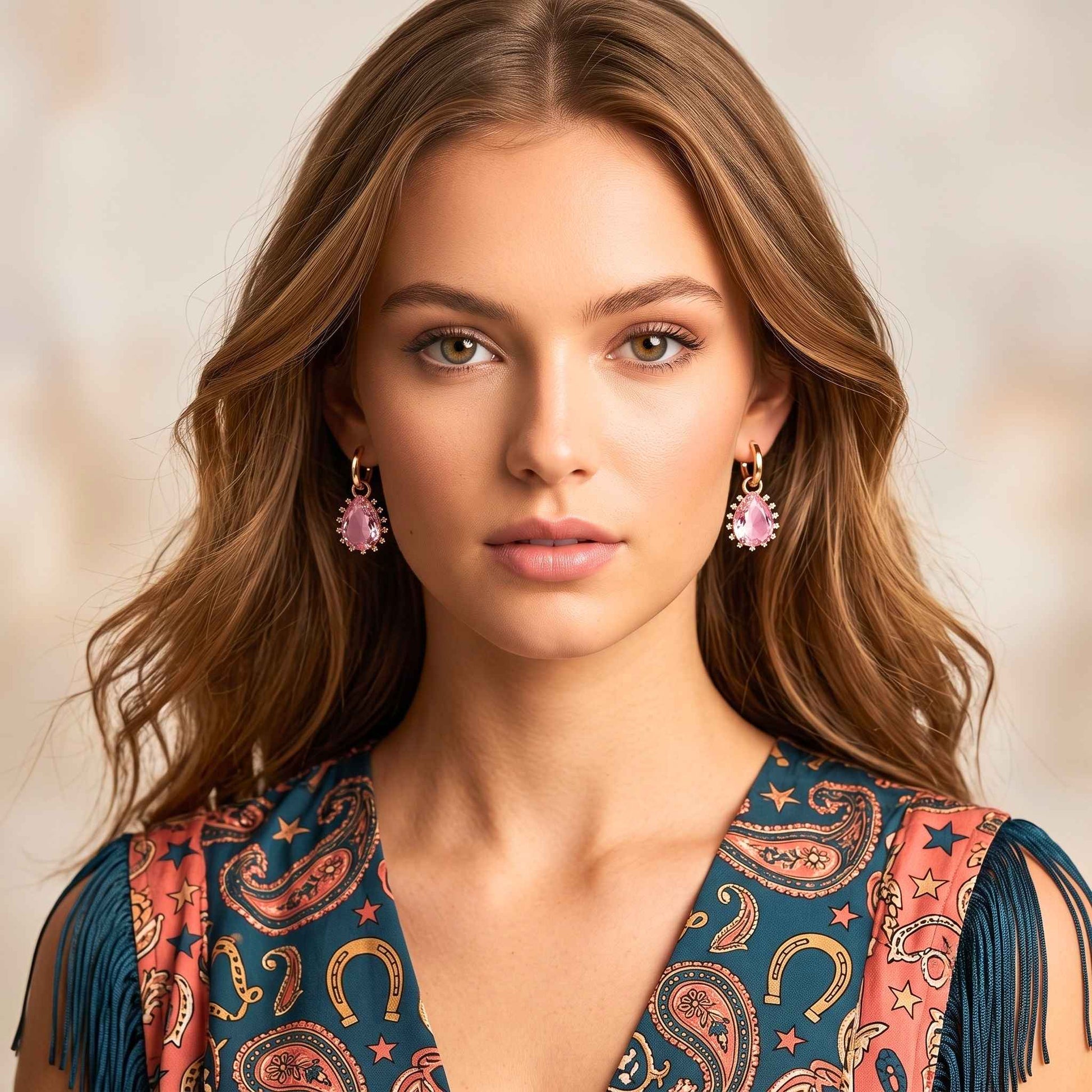 A woman with wavy light brown hair wearing gold plated hinged hoop drop earrings featuring faceted pink pear-cut stones surrounded by a delicate cubic zirconia halo with a polished gold finish set against a plain background.  Digitally rendered model for scale