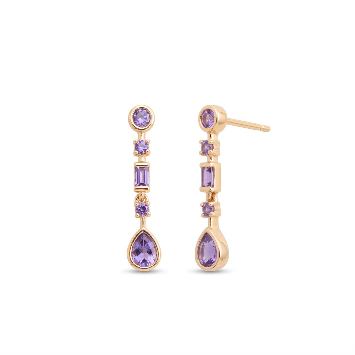 A pair of gold drop earrings with purple gemstones, shown on a plain white background. One earring is facing forward to show the post and settings, and the other is turned sideways to show the drop shape.  From the Jewellery 4 Elegance collection.