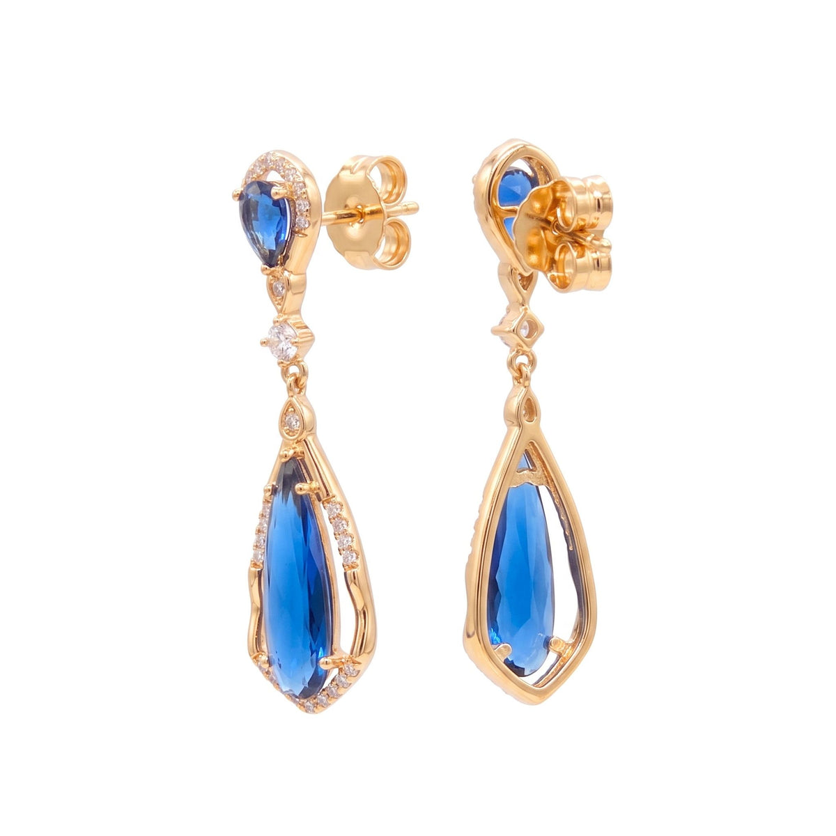 A pair of gold drop earrings featuring teardrop-shaped blue gemstones and smaller marquise-cut blue stones, accented with clear crystals, shown against a plain white background from the Jewellery 4 Elegance collection.