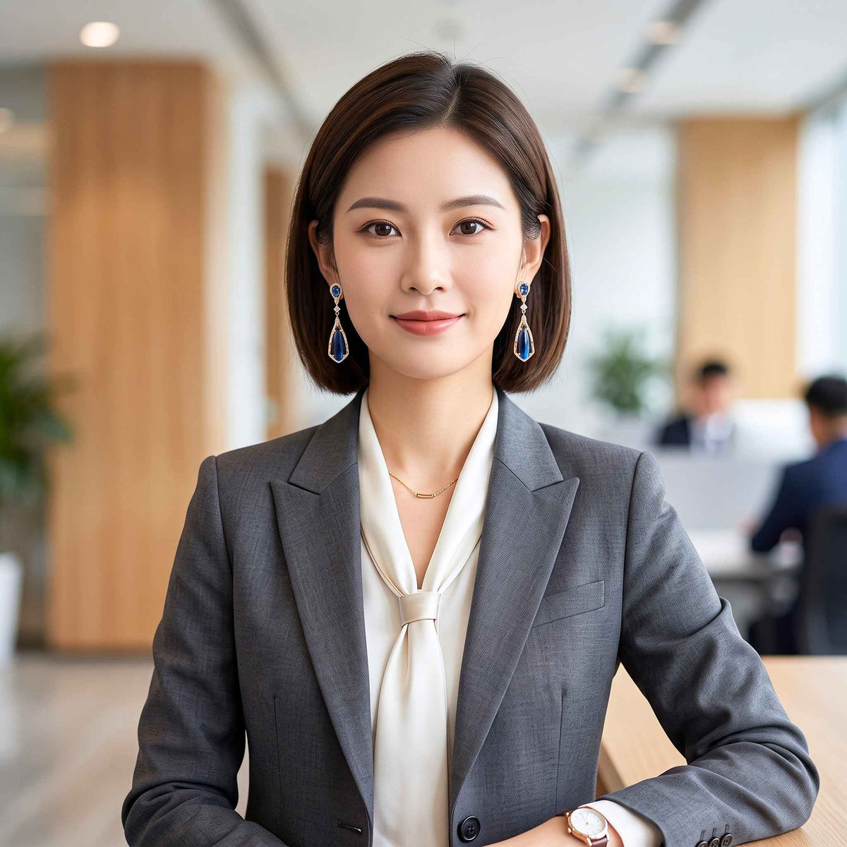 A professional woman seated in a modern office setting. She is wearing a grey blazer over a cream-colored blouse and has blue teardrop earrings from the Jewellery 4 Elegance collections.  Digitally rendered model for scale.