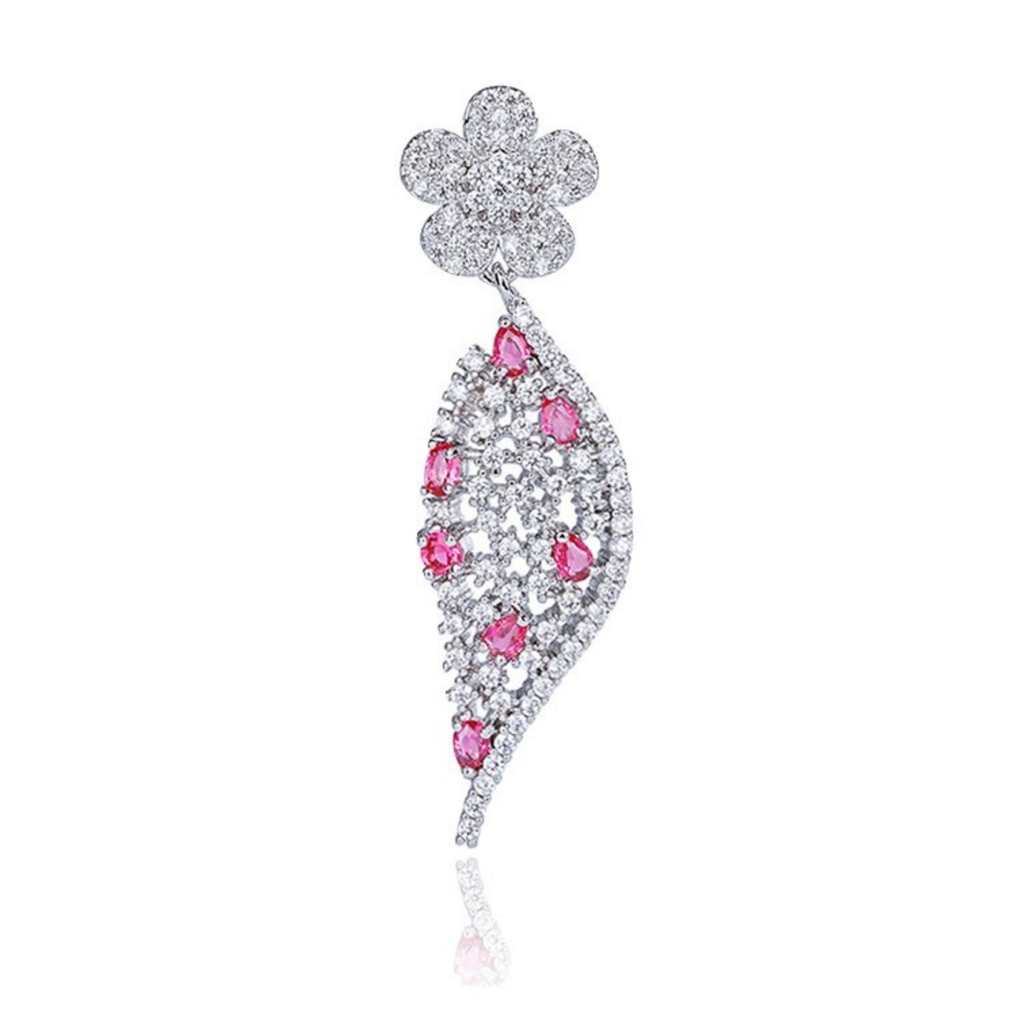 Elegant Jewellery 4 Elegance white gold drop earrings featuring a pave flower post and a curved leaf silhouette embedded with clear and vibrant red cubic zirconia gemstones set against a white background..