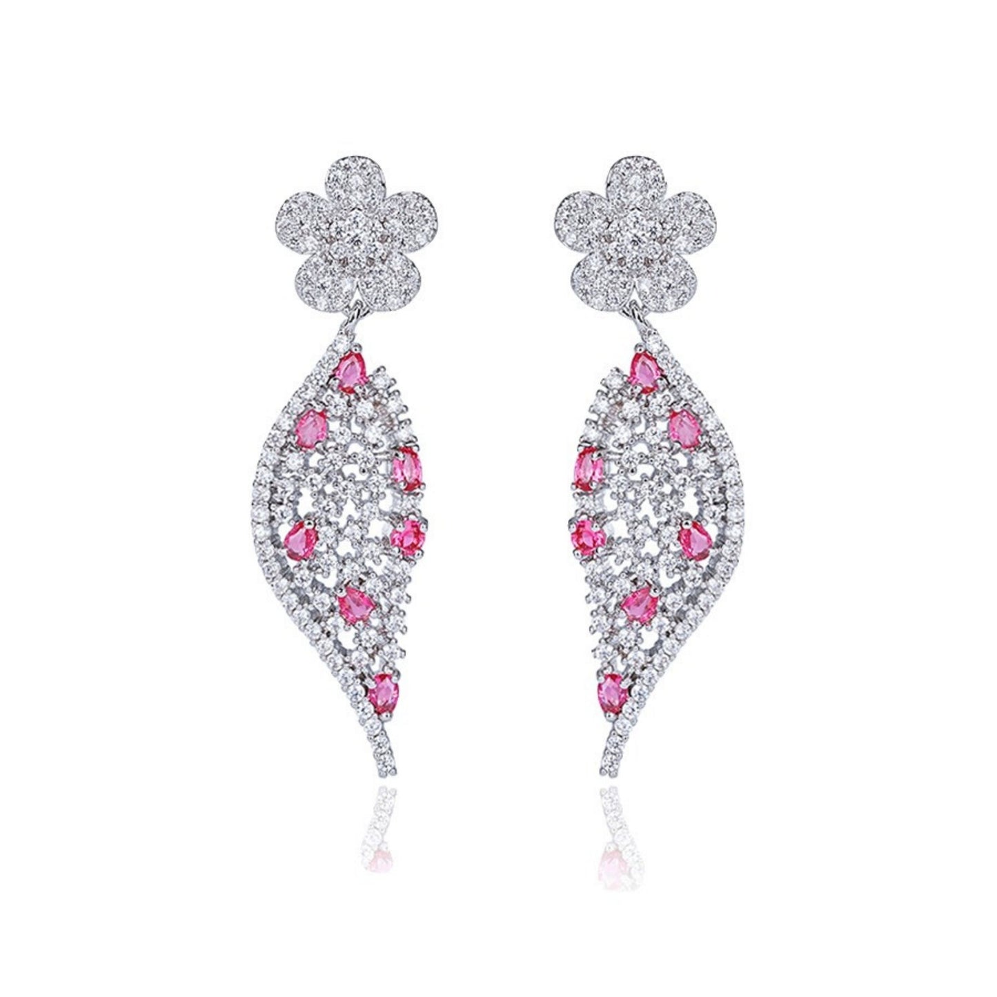 Elegant Jewellery 4 Elegance white gold plated drop earrings featuring a pave flower post and a curved leaf silhouette embedded with clear and vibrant red cubic zirconia gemstones set against a white background.
