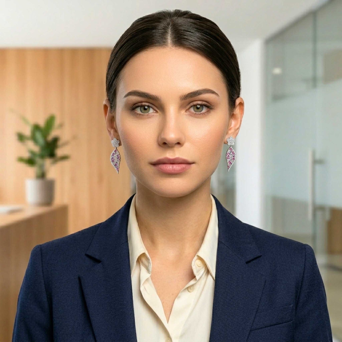 Woman in a professional setting wearing a navy blazer and white shirt with Jewellery 4 Elegance white gold drop earrings featuring a pave flower post and a curved leaf silhouette embedded with clear and vibrant red cubic zirconia gemstones.  Digitally rendered model for scale