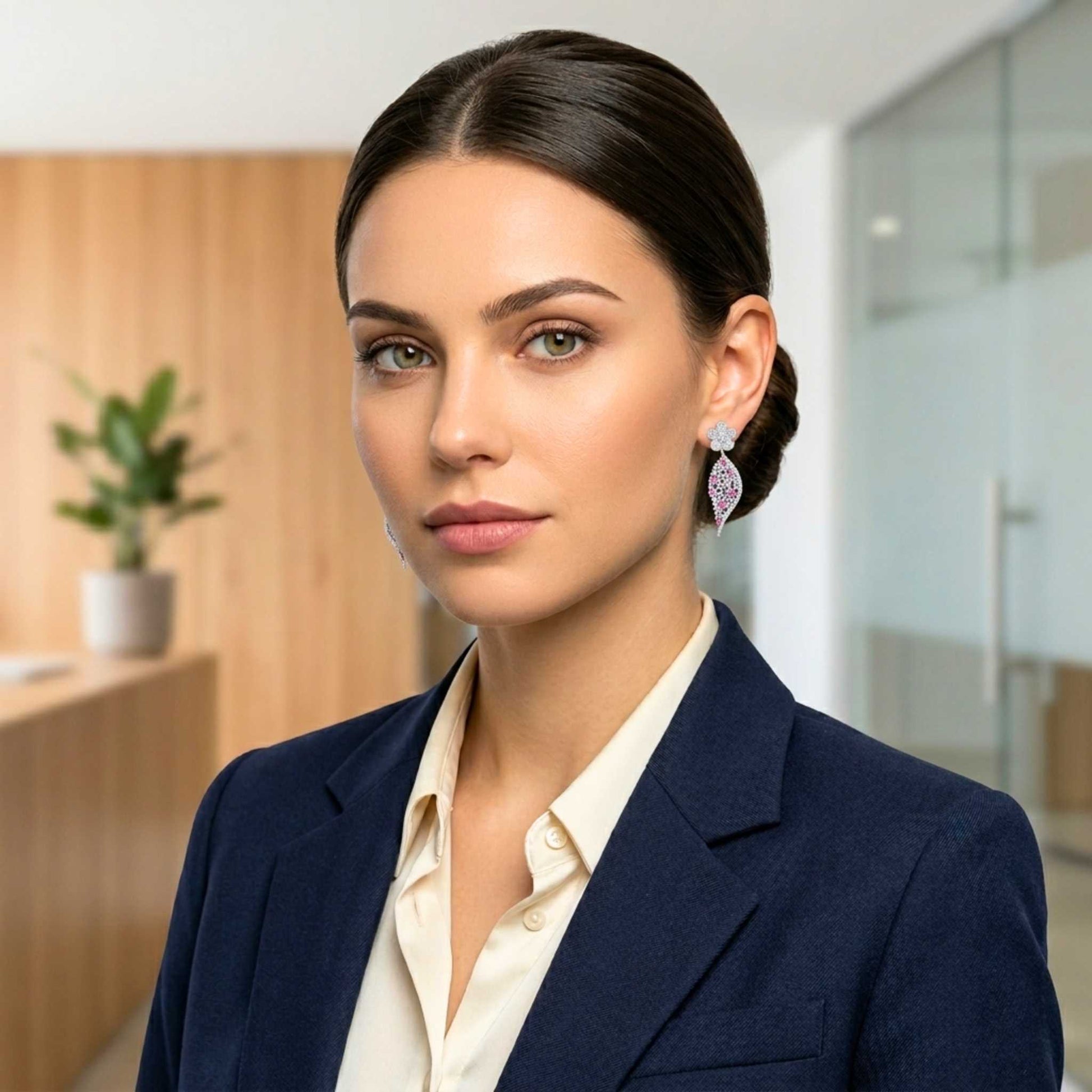 Woman in a professional setting wearing a navy blazer and white shirt with Elegant Jewellery 4 Elegance white gold drop earrings featuring a pave flower post and a curved leaf silhouette embedded with clear and vibrant red cubic zirconia gemstones.  Digitally rendered model for scale