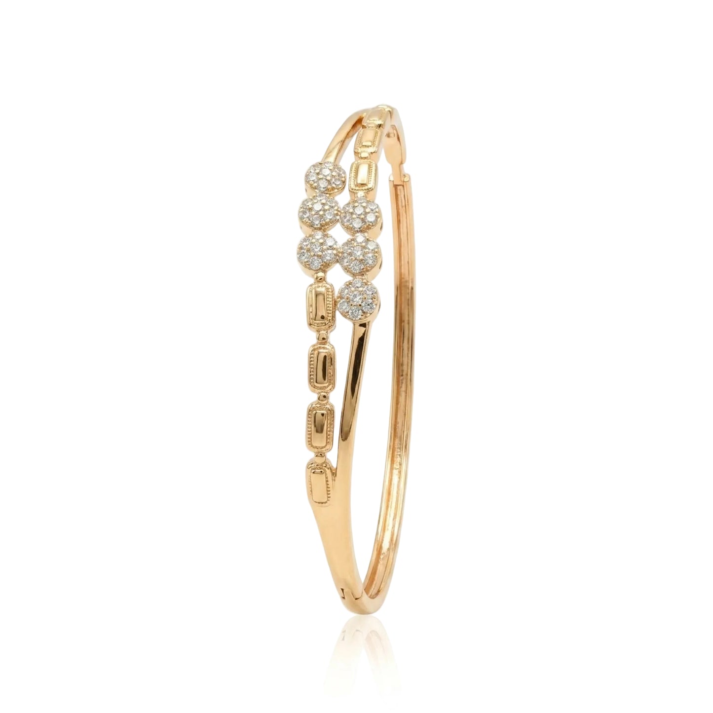 18k gold plated bangle bracelet featuring a dual-strand design with textured rectangular links and clusters of brilliant pave cubic zirconia, showcasing a seamless concealed closure on a white background.