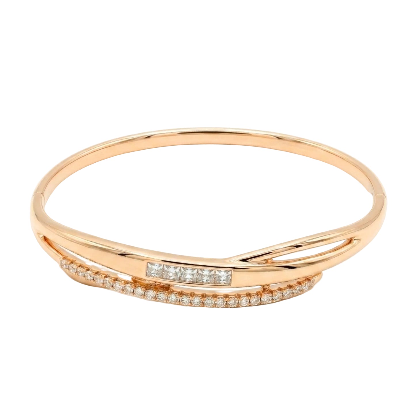18k gold plated crossover bangle bracelet featuring channel-set princess-cut and pavé-set round cubic zirconia with a concealed snap closure on a white background