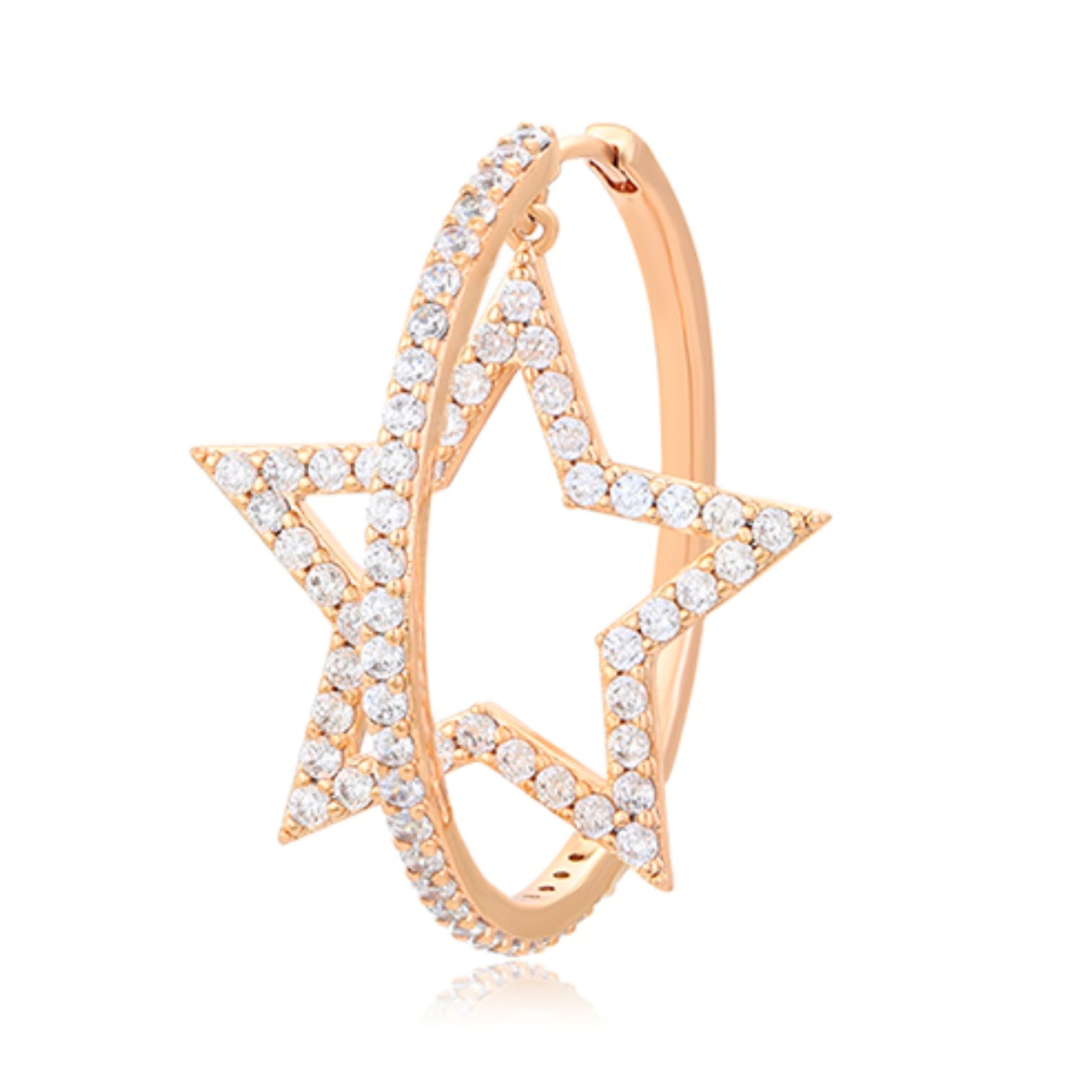 Rose gold star-shaped hoop earrings with clear gemstones from the Jewellery 4 Elegance collection set against a white background