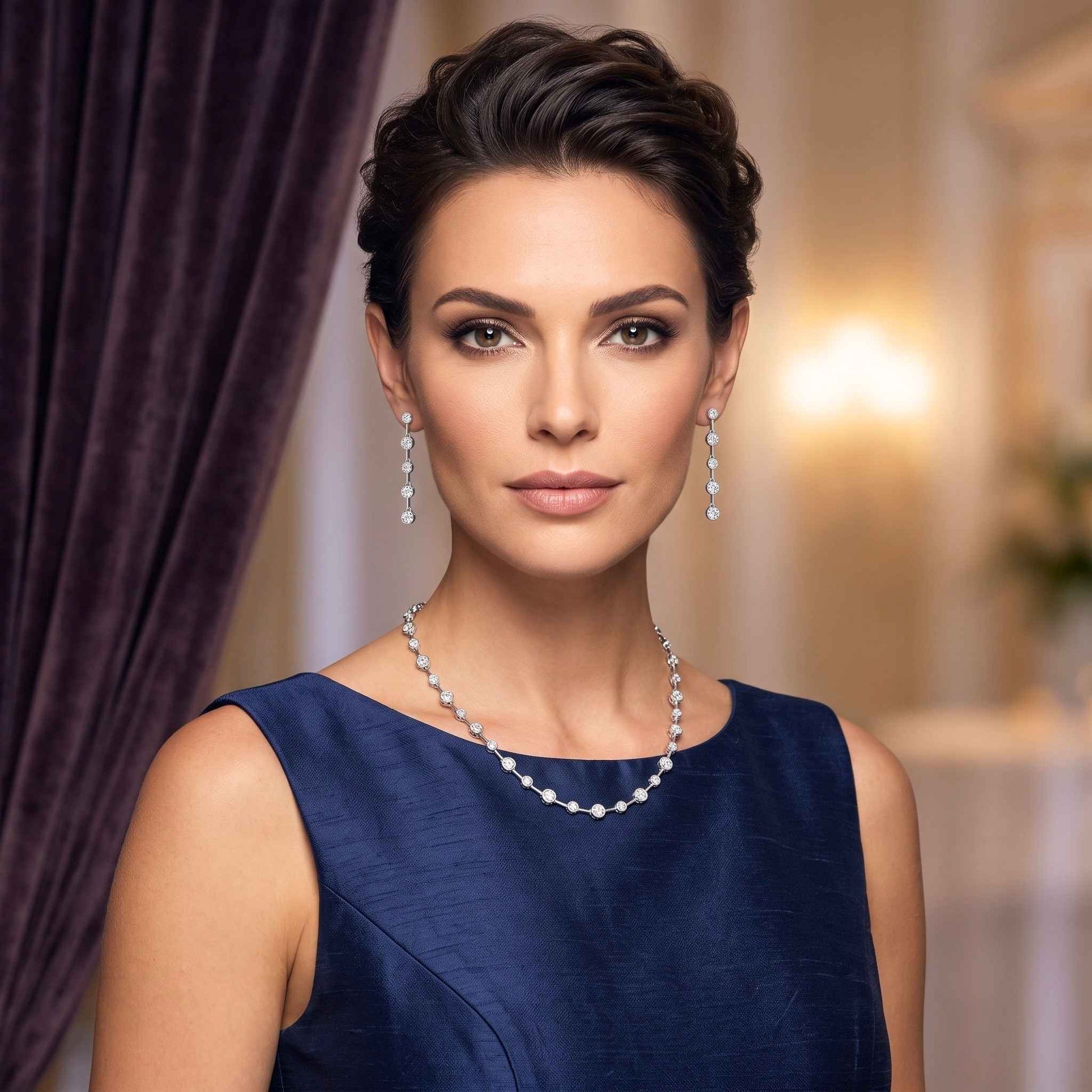 A woman wearing a delicate white gold gemstone necklace and matching drop earrings, styled with a navy blue sleeveless dress against a softly blurred indoor background with a purple curtain.  Digitally rendered model for scale