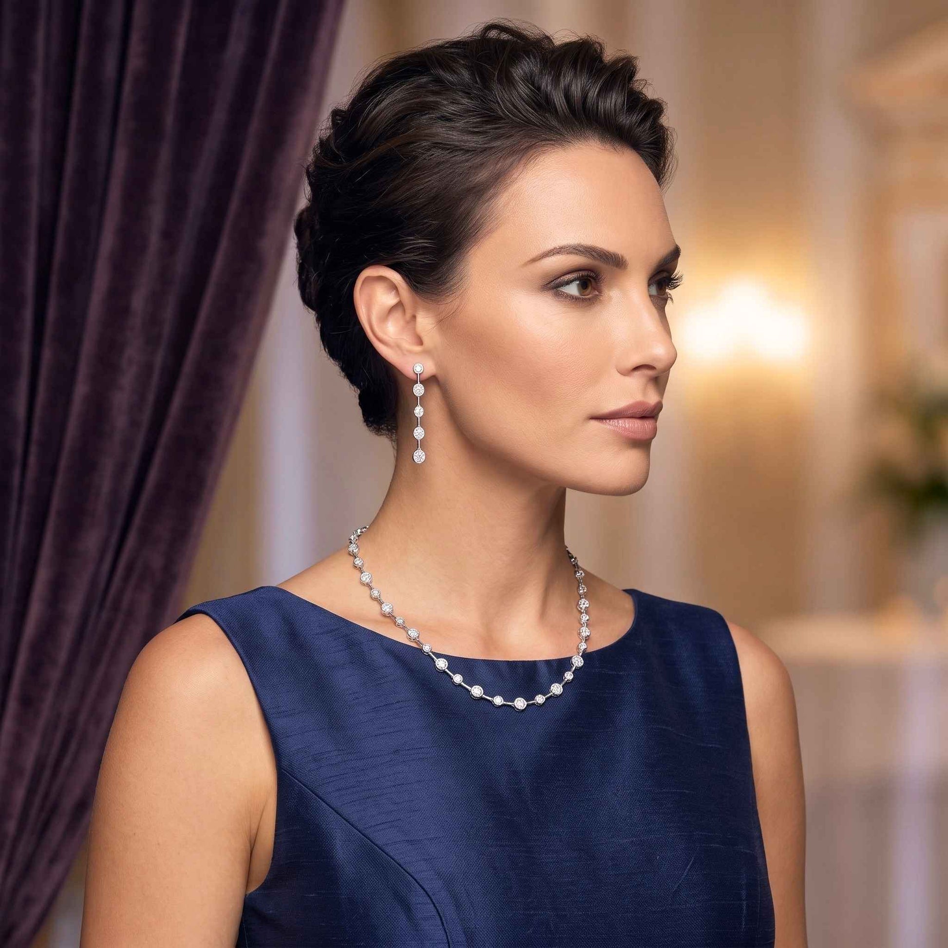 A woman wearing a white gold gemstone necklace and matching drop earrings, styled with a navy blue sleeveless dress against a softly blurred indoor background.  From the Jewellery 4 Elegance collection.  Digitally rendered model for scale  