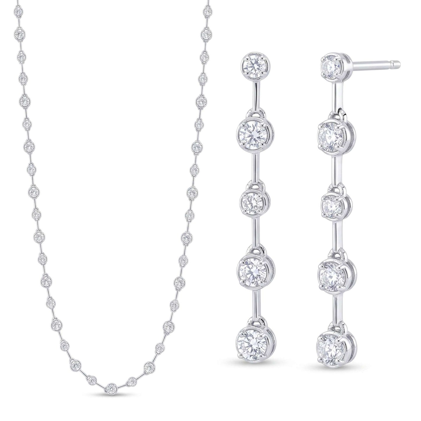 White gold plated necklace with round cubic zirconia stations and matching linear drop earrings