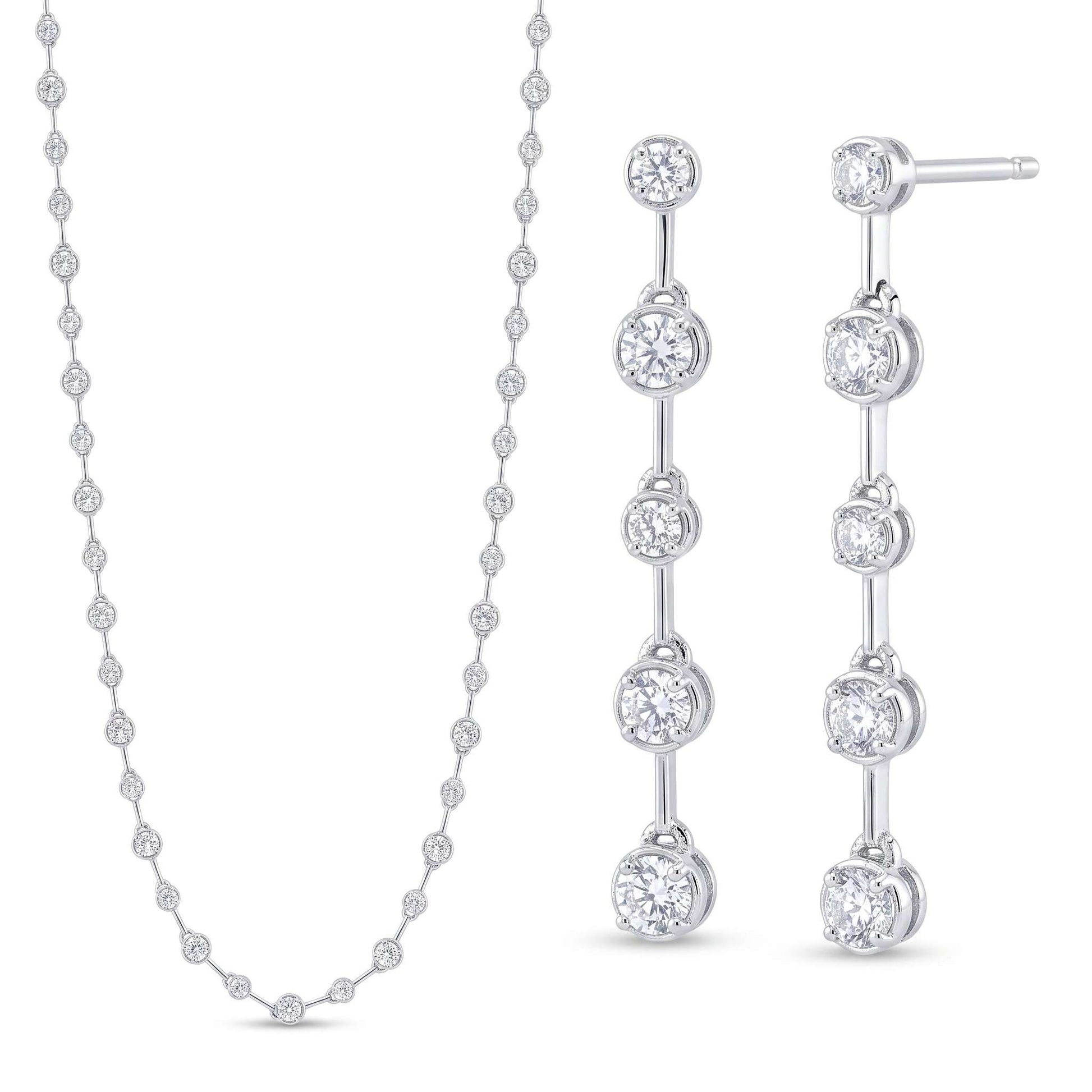 White gold plated necklace with round cubic zirconia stations and matching linear drop earrings