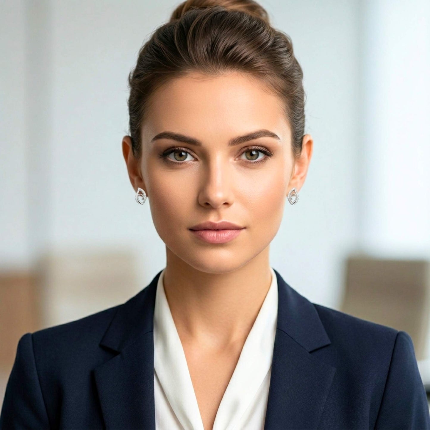 Woman in a professional setting wearing a navy blazer and white shirt and a pair of premium white gold stud earrings adorned with sparkling pavé cubic zirconia along the outer edges and a polished inner metal swirl, set against a blurred background.  Digitally rendered model for scale