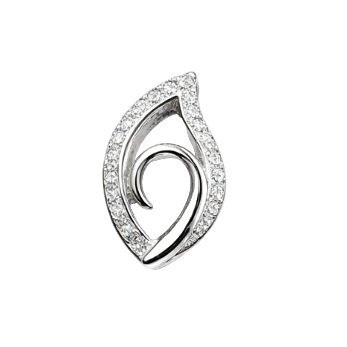 Close up of a premium white gold plated stud earrings from Jewellery 4 Elegance shaped like abstract leaves, adorned with sparkling pavé cubic zirconia along the outer edges and a polished inner metal swirl, isolated on a solid white background.