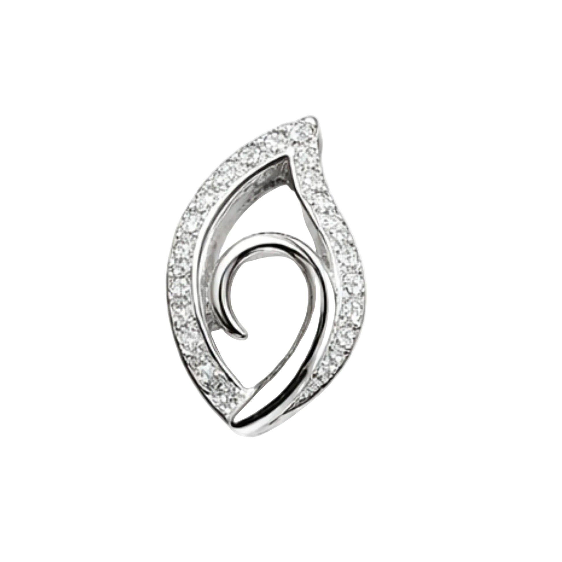 Close up of a premium white gold plated stud earrings from Jewellery 4 Elegance shaped like abstract leaves, adorned with sparkling pavé cubic zirconia along the outer edges and a polished inner metal swirl, isolated on a solid white background.